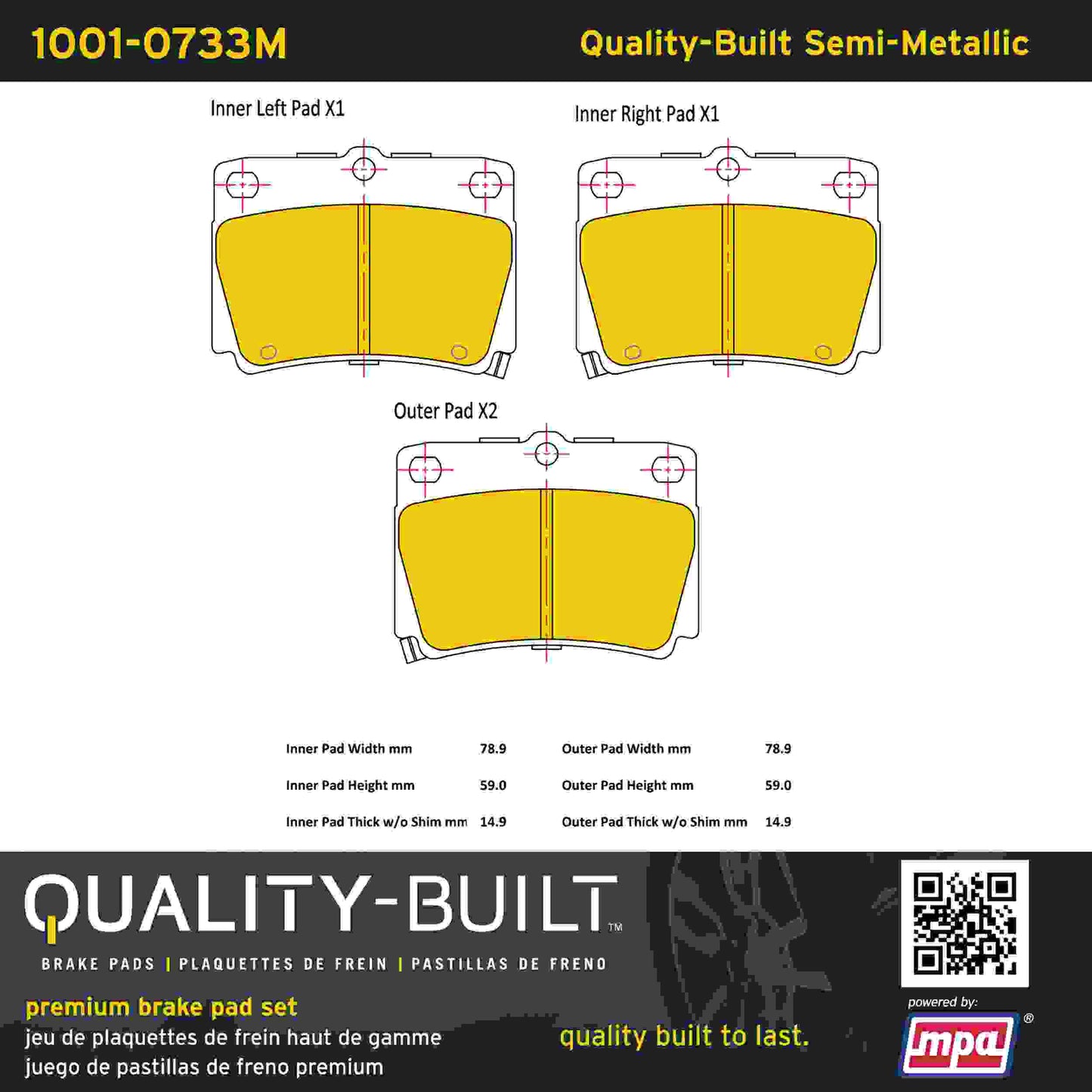 Quality-Built Quality-Built Premium Semi-Metallic Brake Pads w/ Hardware 1001-0733M