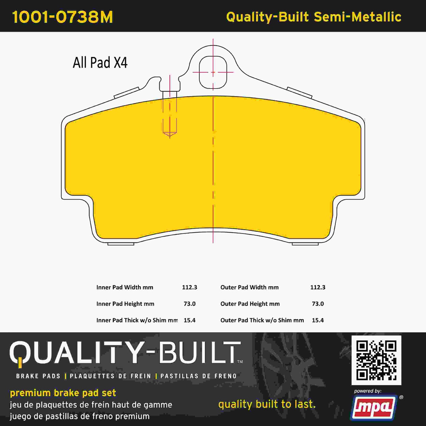 Quality-Built Quality-Built Premium Semi-Metallic Brake Pads w/ Hardware 1001-0738M