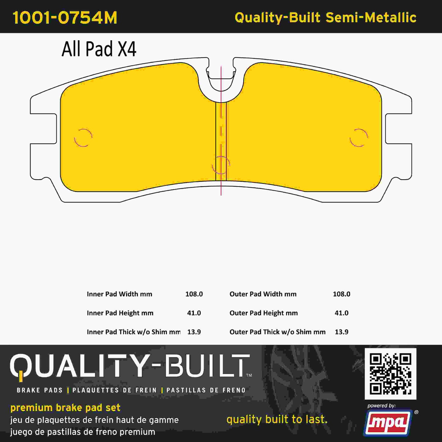Quality-Built Quality-Built Premium Semi-Metallic Brake Pads w/ Hardware 1001-0754M