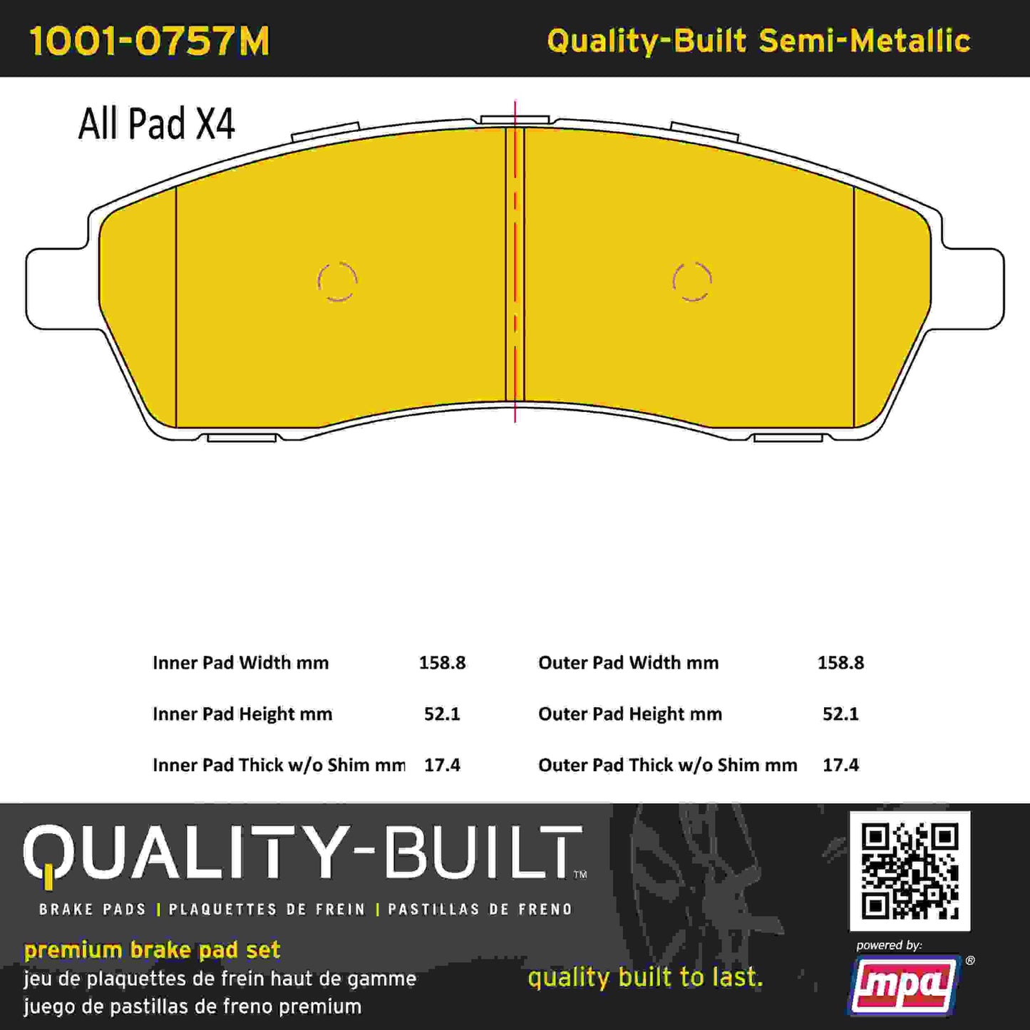Quality-Built Quality-Built Premium Semi-Metallic Brake Pads w/ Hardware 1001-0757M