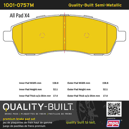 Quality-Built Quality-Built Premium Semi-Metallic Brake Pads w/ Hardware 1001-0757M