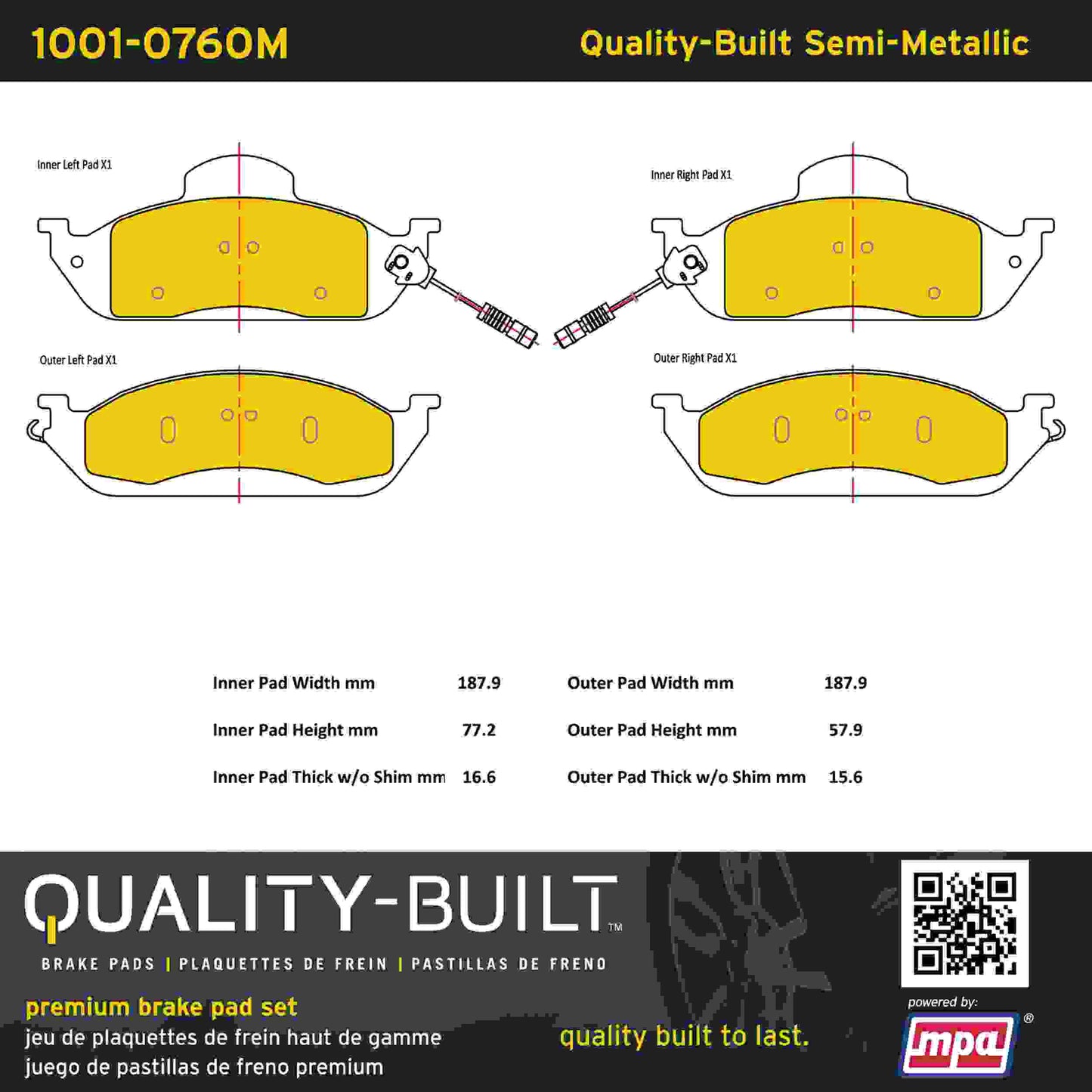 Quality-Built Quality-Built Premium Semi-Metallic Brake Pads w/ Hardware 1001-0760M