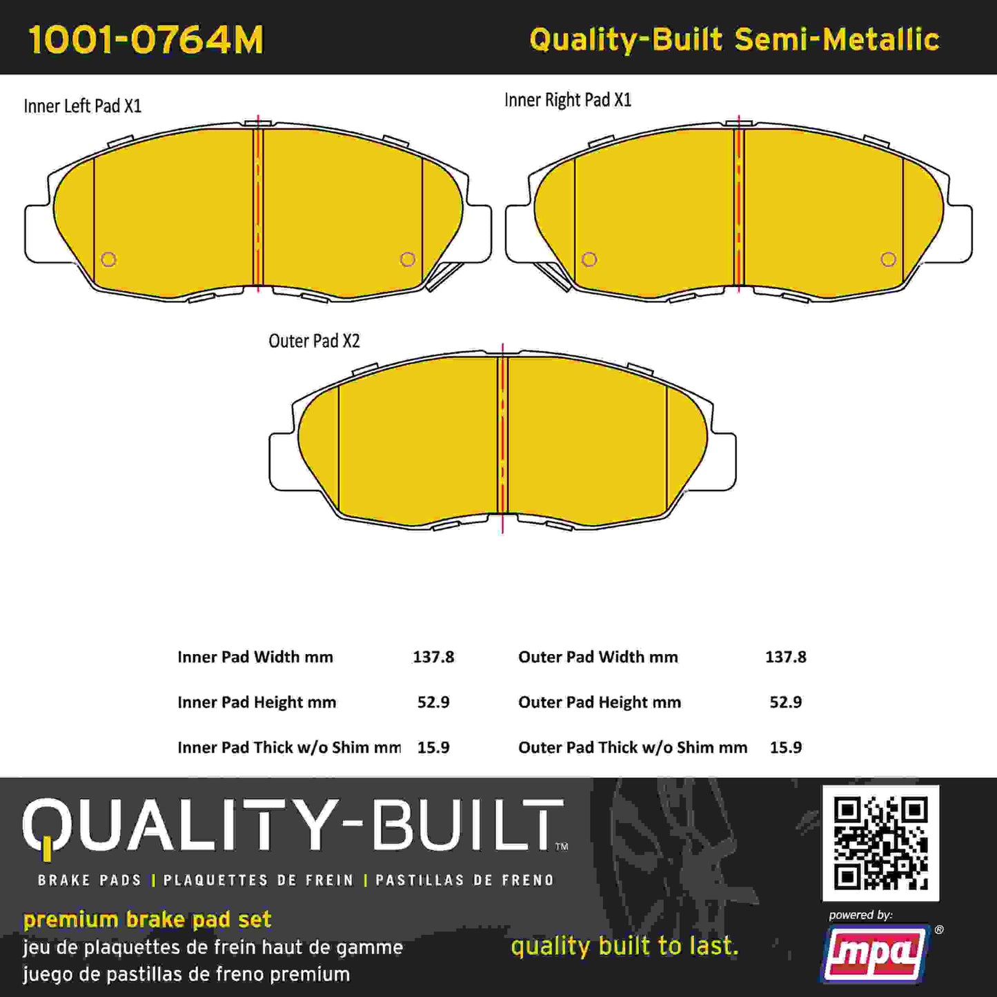 Quality-Built Quality-Built Premium Semi-Metallic Brake Pads w/ Hardware 1001-0764M