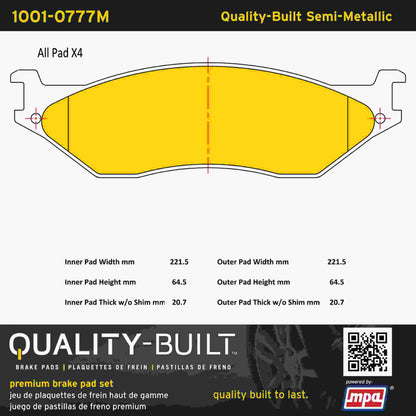 Quality-Built Quality-Built Premium Semi-Metallic Brake Pads w/ Hardware 1001-0777M