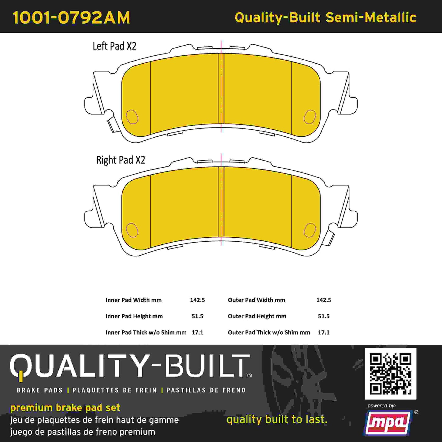 Quality-Built Quality-Built Premium Semi-Metallic Brake Pads w/ Hardware 1001-0792AM
