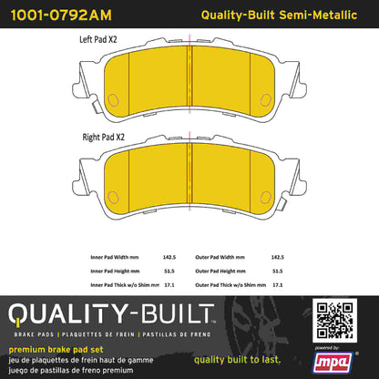 Quality-Built Quality-Built Premium Semi-Metallic Brake Pads w/ Hardware 1001-0792AM