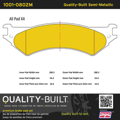 Quality-Built Quality-Built Premium Semi-Metallic Brake Pads w/ Hardware 1001-0802M