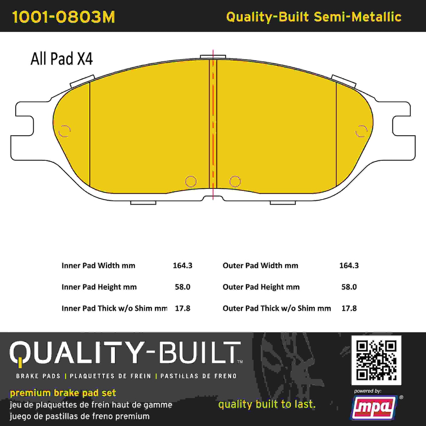 Quality-Built Quality-Built Premium Semi-Metallic Brake Pads w/ Hardware 1001-0803M