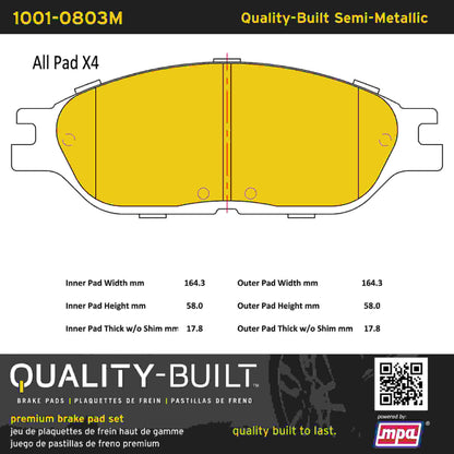 Quality-Built Quality-Built Premium Semi-Metallic Brake Pads w/ Hardware 1001-0803M