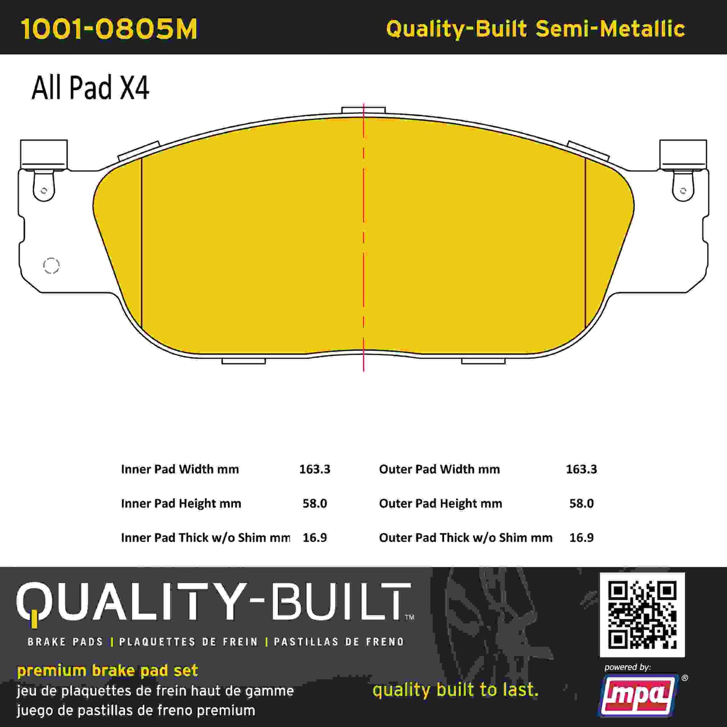 Quality-Built Quality-Built Premium Semi-Metallic Brake Pads w/ Hardware 1001-0805M