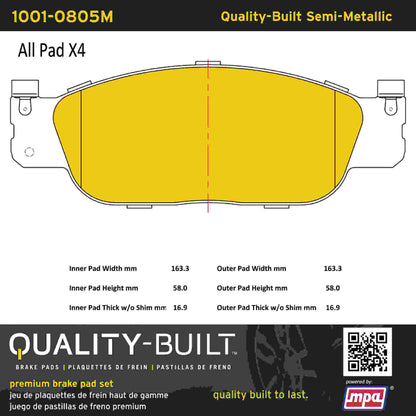 Quality-Built Quality-Built Premium Semi-Metallic Brake Pads w/ Hardware 1001-0805M