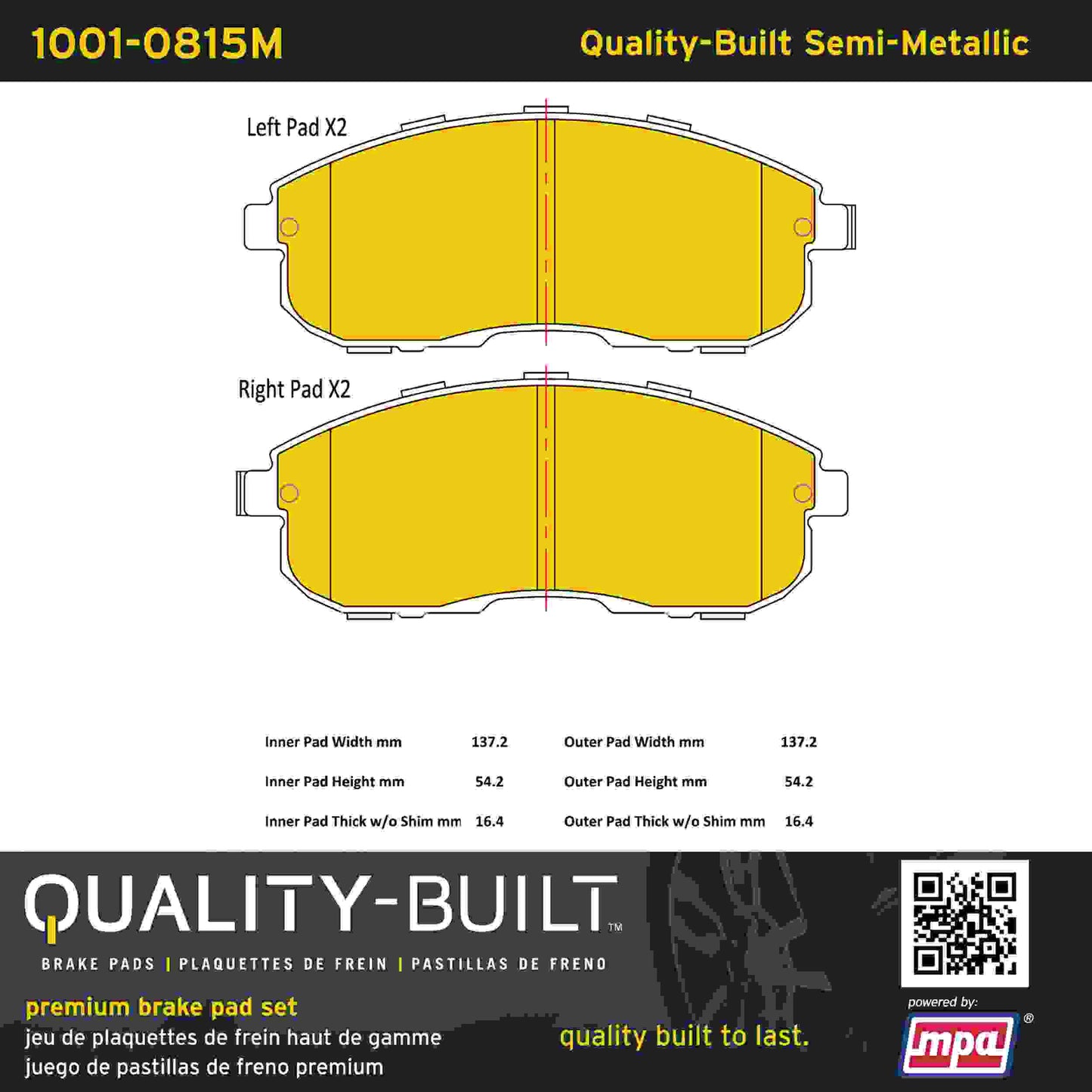 Quality-Built Quality-Built Premium Semi-Metallic Brake Pads w/ Hardware 1001-0815M