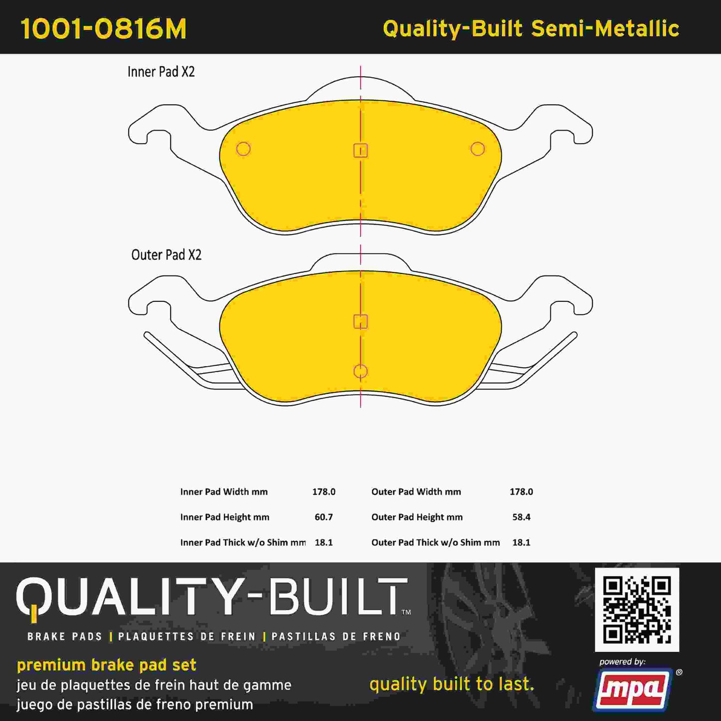 Quality-Built Quality-Built Premium Semi-Metallic Brake Pads w/ Hardware 1001-0816M