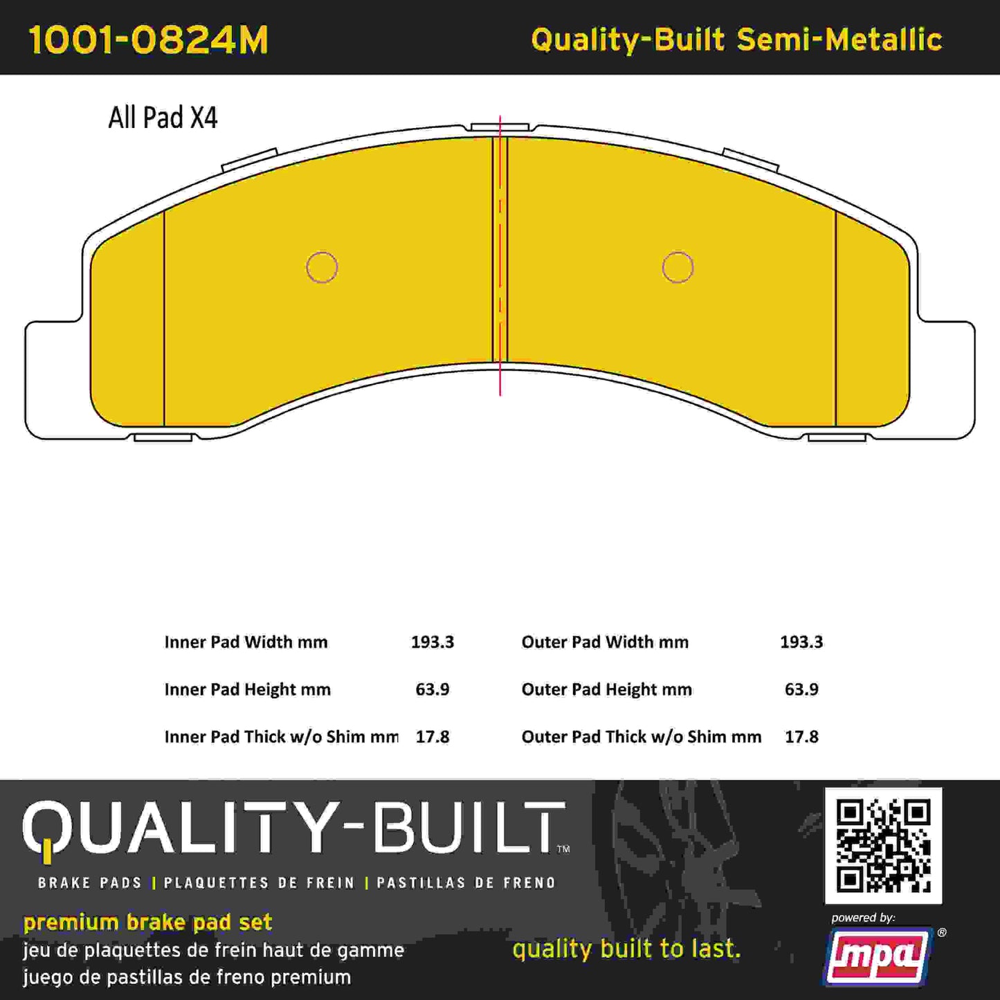 Quality-Built Quality-Built Premium Semi-Metallic Brake Pads w/ Hardware 1001-0824M