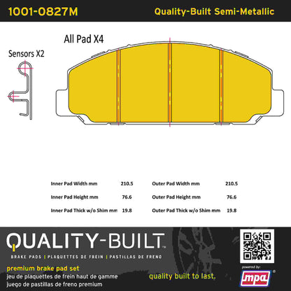 Quality-Built Quality-Built Premium Semi-Metallic Brake Pads w/ Hardware 1001-0827M