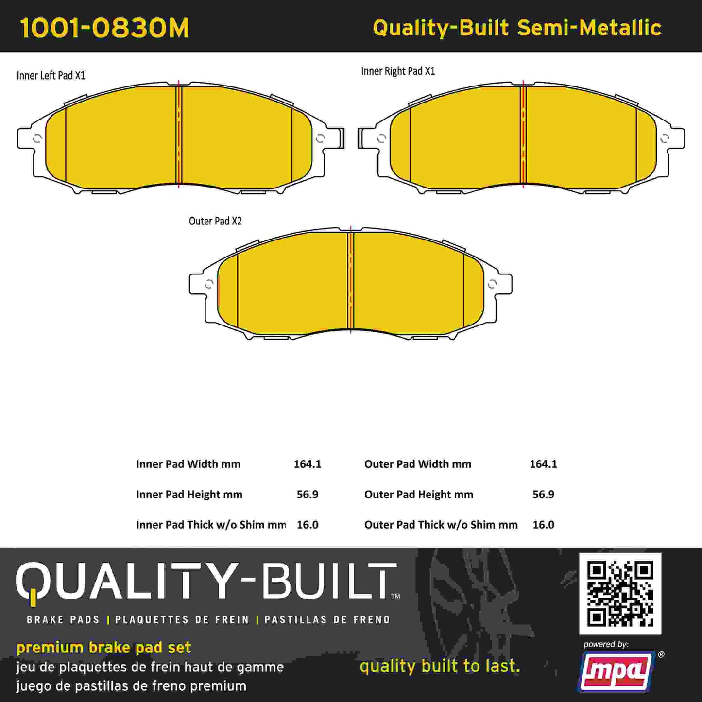 Quality-Built Quality-Built Premium Semi-Metallic Brake Pads w/ Hardware 1001-0830M
