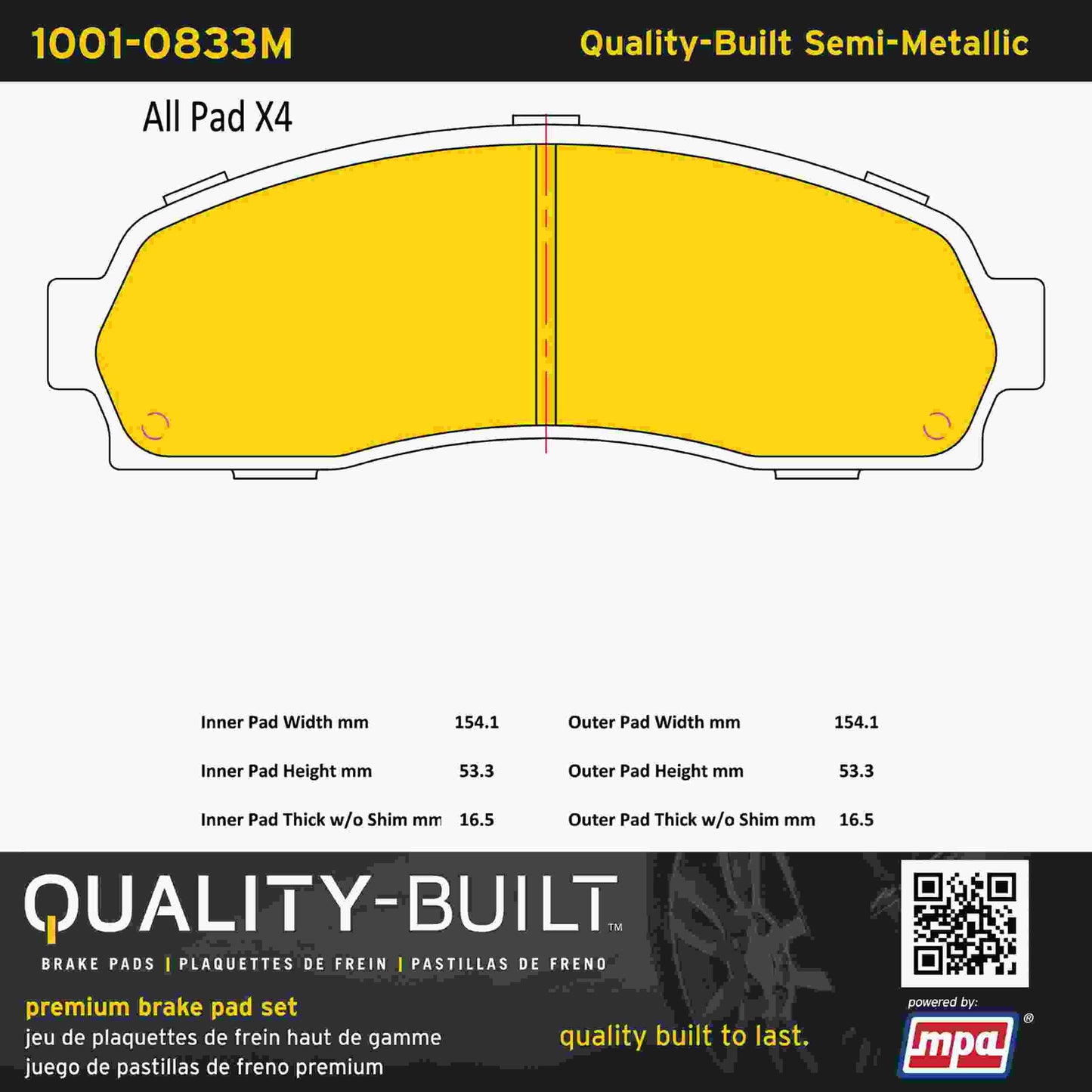Quality-Built Quality-Built Premium Semi-Metallic Brake Pads w/ Hardware 1001-0833M