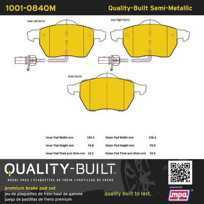 Quality-Built Quality-Built Premium Semi-Metallic Brake Pads w/ Hardware 1001-0840M