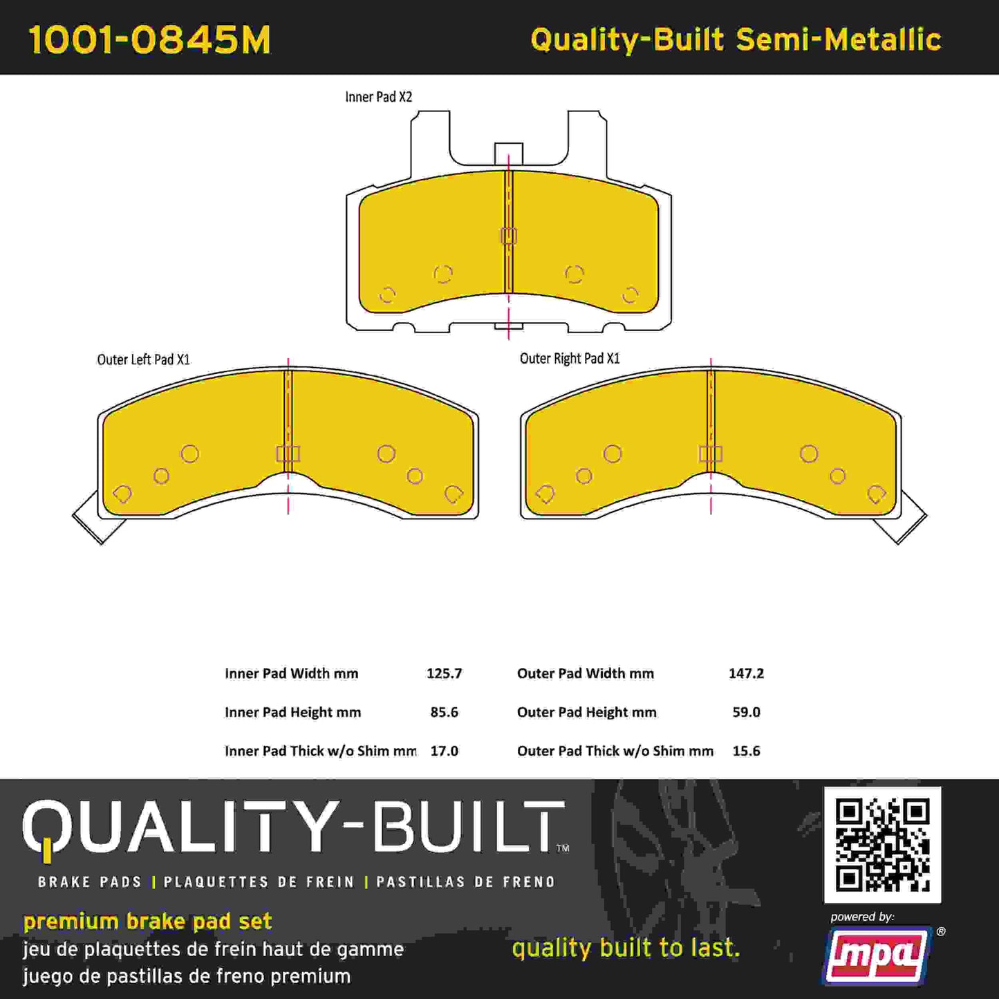 Quality-Built Quality-Built Premium Semi-Metallic Brake Pads w/ Hardware 1001-0845M