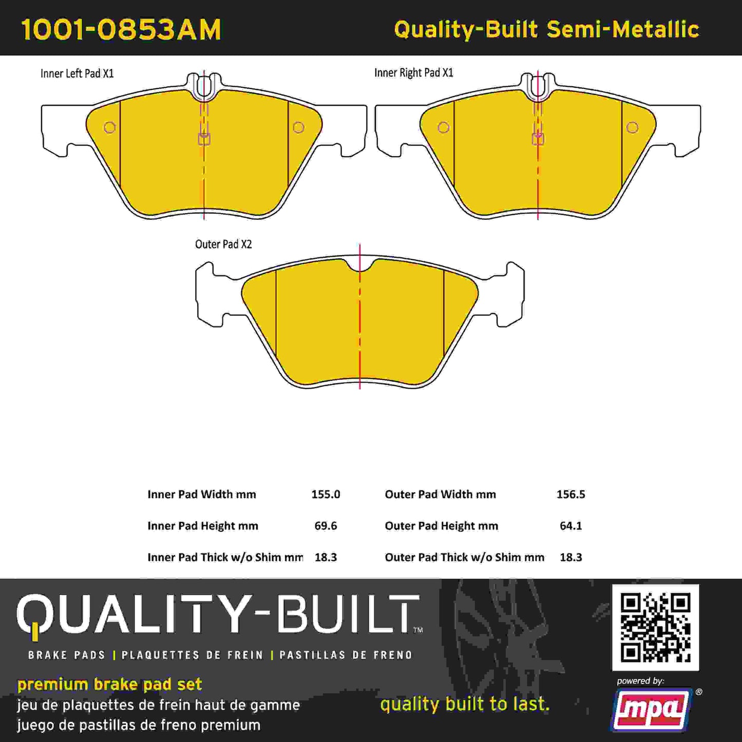 Quality-Built Quality-Built Premium Semi-Metallic Brake Pads w/ Hardware 1001-0853AM