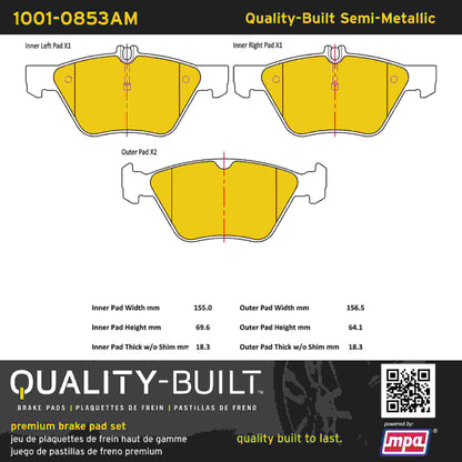 Quality-Built Quality-Built Premium Semi-Metallic Brake Pads w/ Hardware 1001-0853AM