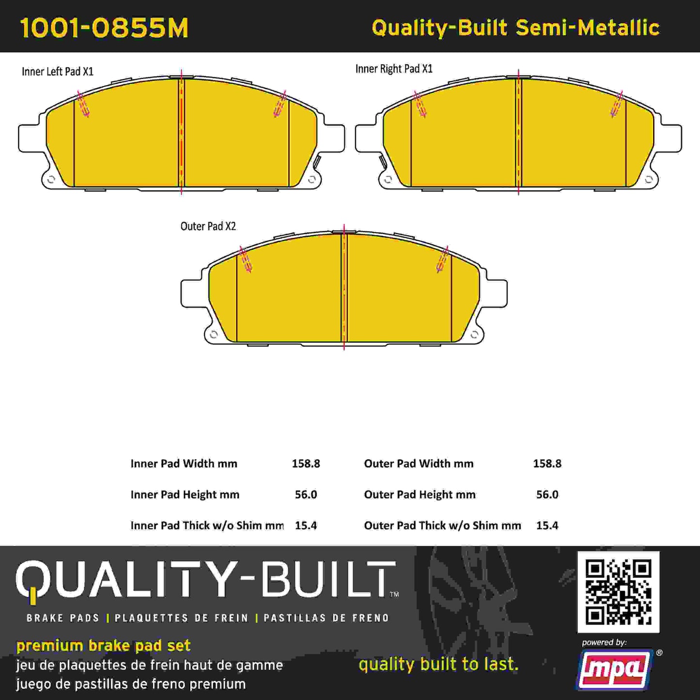 Quality-Built Quality-Built Premium Semi-Metallic Brake Pads w/ Hardware 1001-0855M
