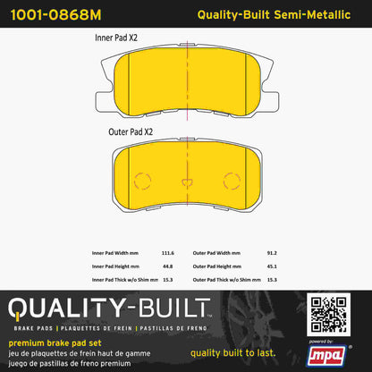 Quality-Built Quality-Built Premium Semi-Metallic Brake Pads w/ Hardware 1001-0868M