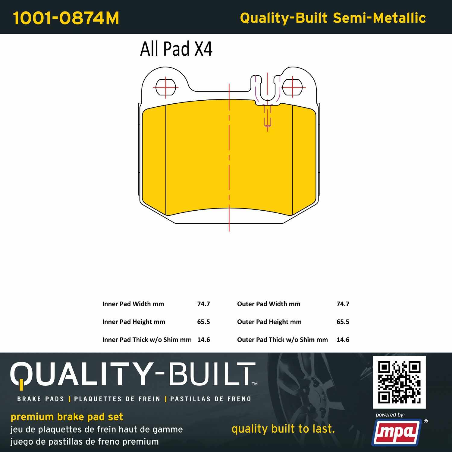 Quality-Built Quality-Built Premium Semi-Metallic Brake Pads w/ Hardware 1001-0874M