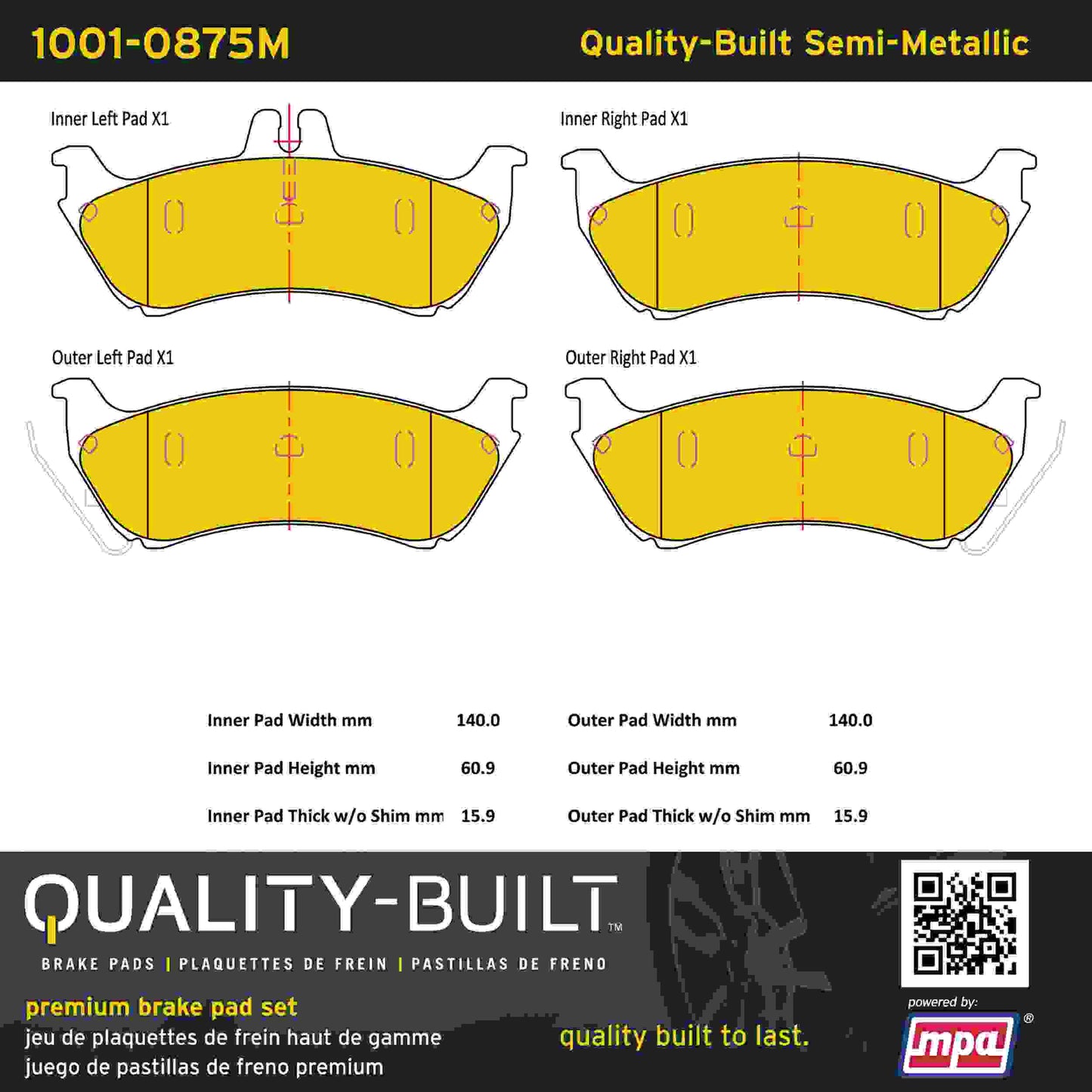 Quality-Built Quality-Built Premium Semi-Metallic Brake Pads w/ Hardware 1001-0875M