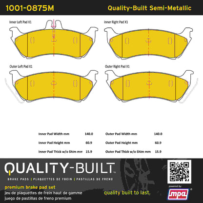 Quality-Built Quality-Built Premium Semi-Metallic Brake Pads w/ Hardware 1001-0875M