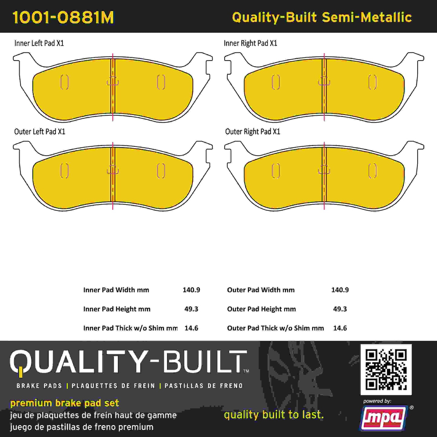 Quality-Built Quality-Built Premium Semi-Metallic Brake Pads w/ Hardware 1001-0881M
