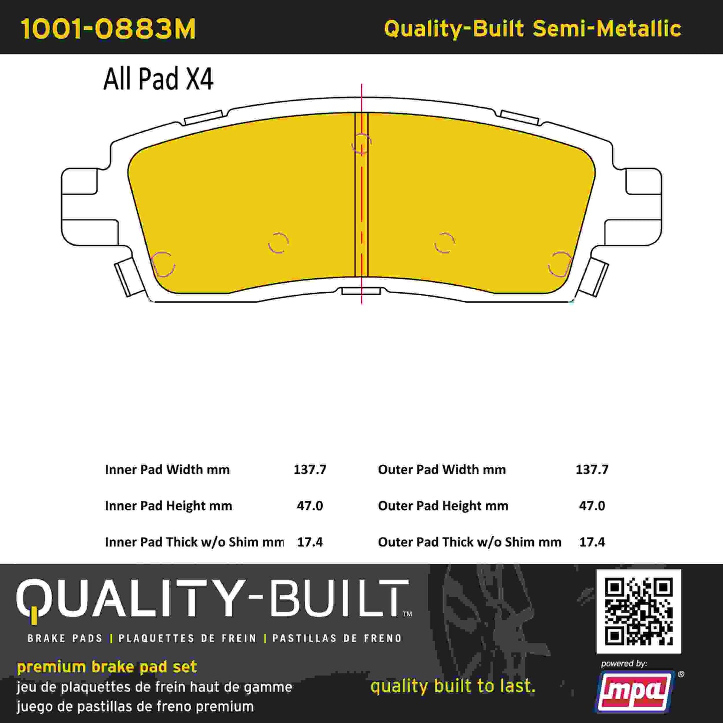 Quality-Built Quality-Built Premium Semi-Metallic Brake Pads w/ Hardware 1001-0883M