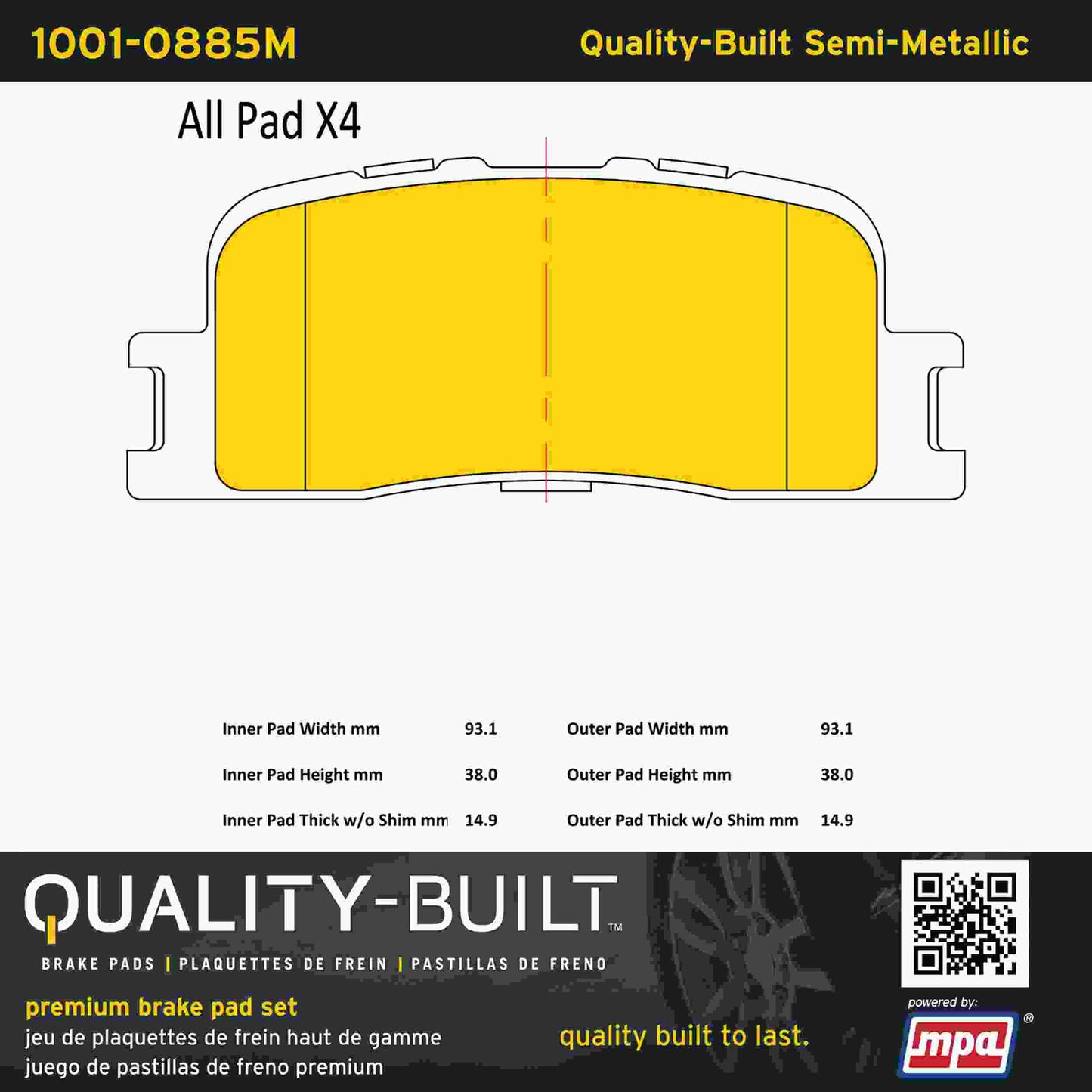 Quality-Built Quality-Built Premium Semi-Metallic Brake Pads w/ Hardware 1001-0885M