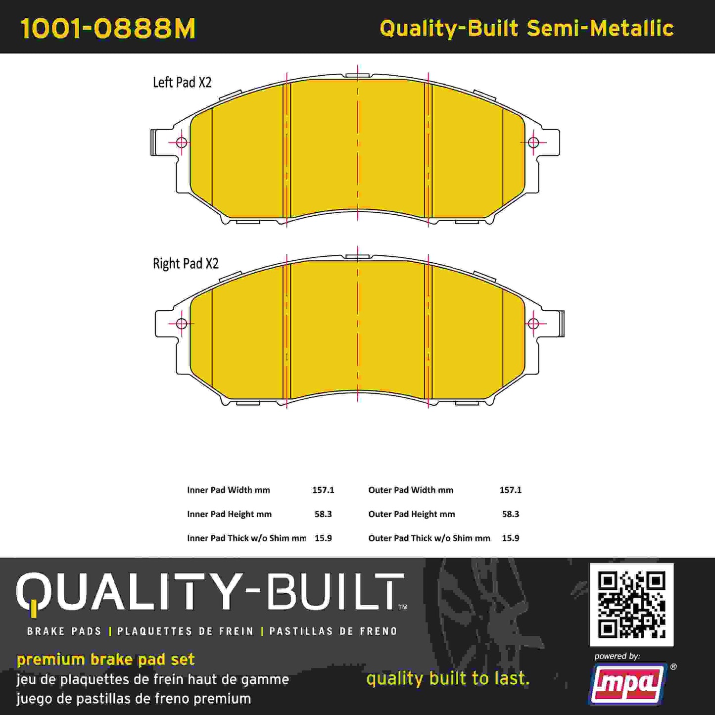 Quality-Built Quality-Built Premium Semi-Metallic Brake Pads w/ Hardware 1001-0888M
