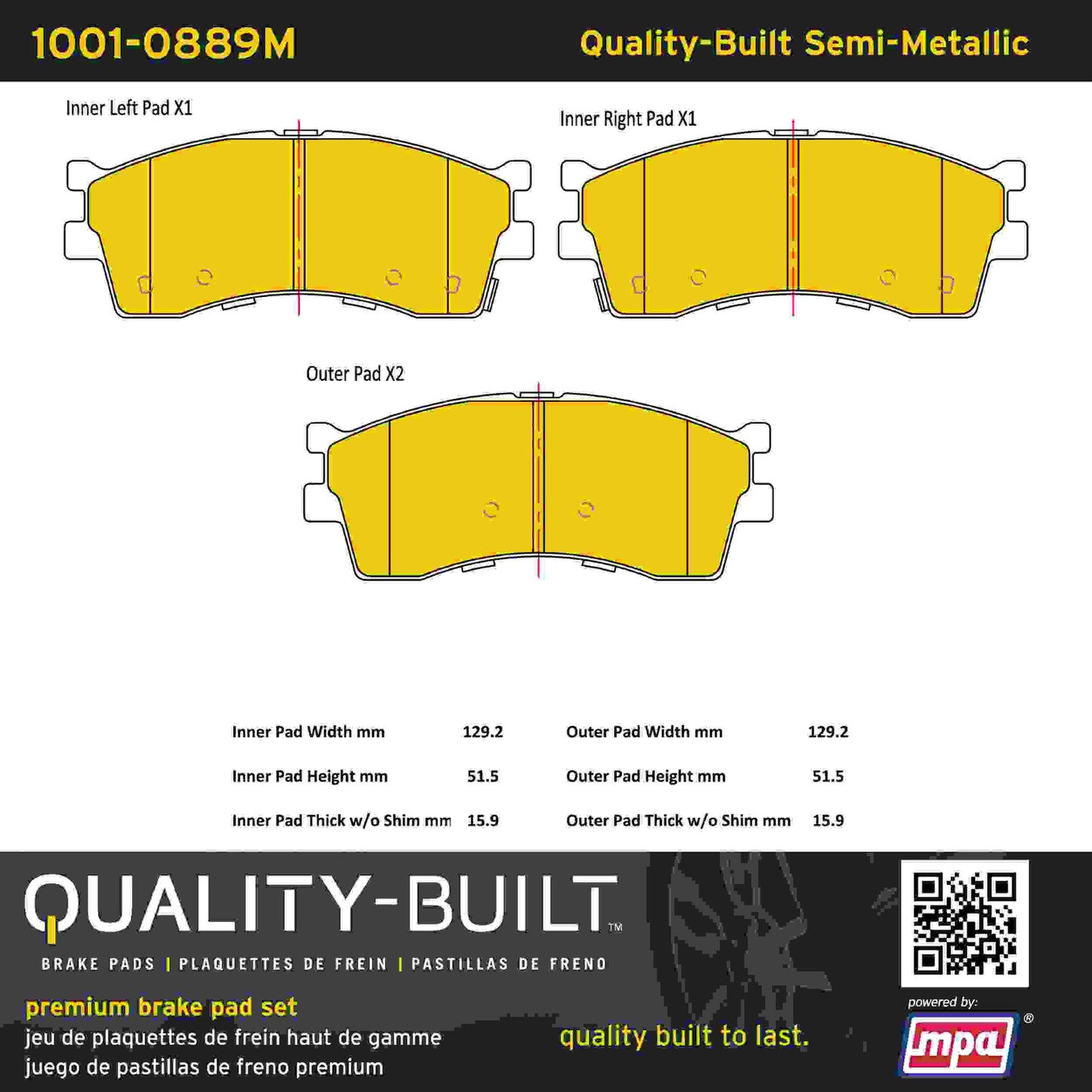 Quality-Built Quality-Built Premium Semi-Metallic Brake Pads w/ Hardware 1001-0889M