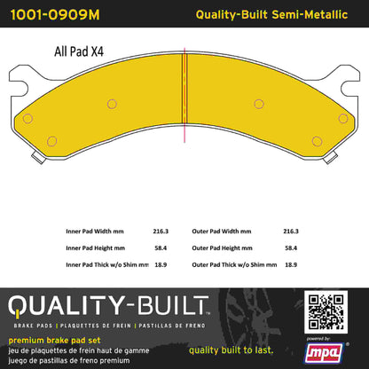 Quality-Built Quality-Built Premium Semi-Metallic Brake Pads w/ Hardware 1001-0909M