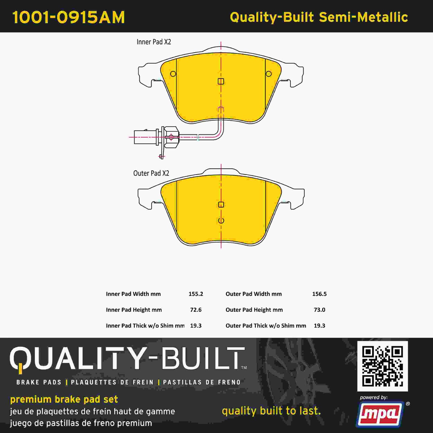Quality-Built Quality-Built Premium Semi-Metallic Brake Pads w/ Hardware 1001-0915AM