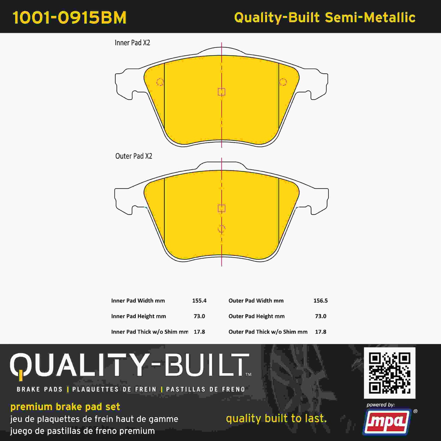 Quality-Built Quality-Built Premium Semi-Metallic Brake Pads w/ Hardware 1001-0915BM