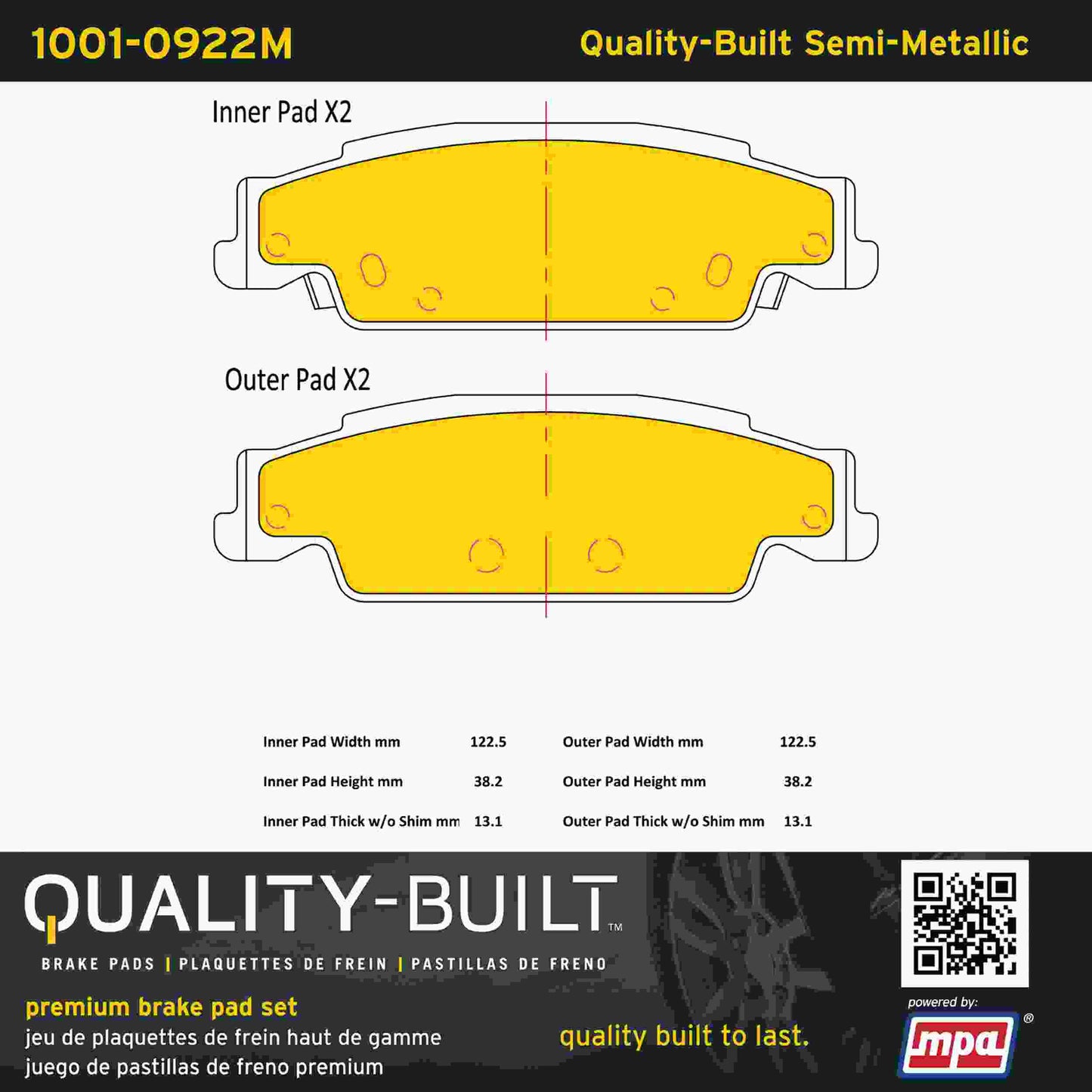 Quality-Built Quality-Built Premium Semi-Metallic Brake Pads w/ Hardware 1001-0922M