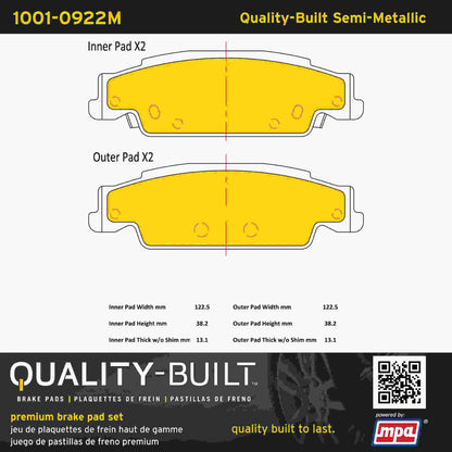 Quality-Built Quality-Built Premium Semi-Metallic Brake Pads w/ Hardware 1001-0922M