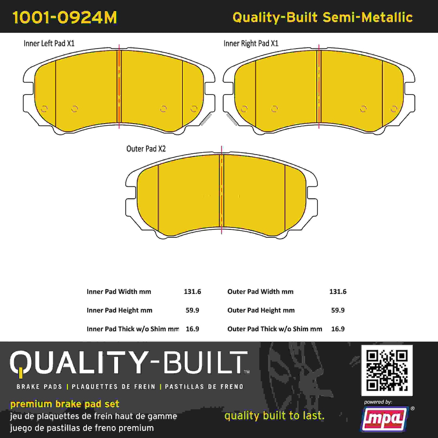 Quality-Built Quality-Built Premium Semi-Metallic Brake Pads w/ Hardware 1001-0924M