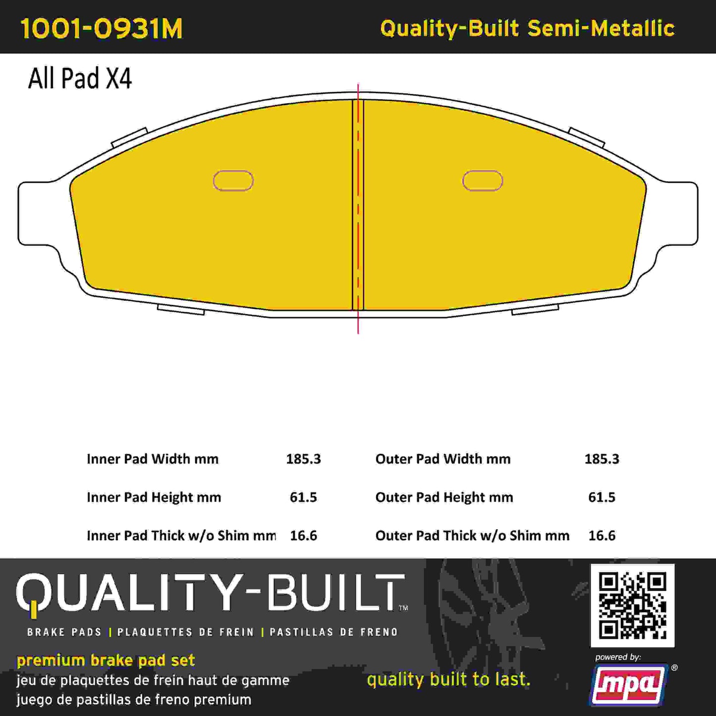 Quality-Built Quality-Built Premium Semi-Metallic Brake Pads w/ Hardware 1001-0931M