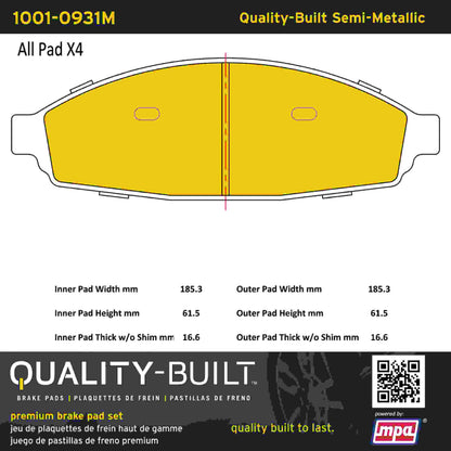 Quality-Built Quality-Built Premium Semi-Metallic Brake Pads w/ Hardware 1001-0931M