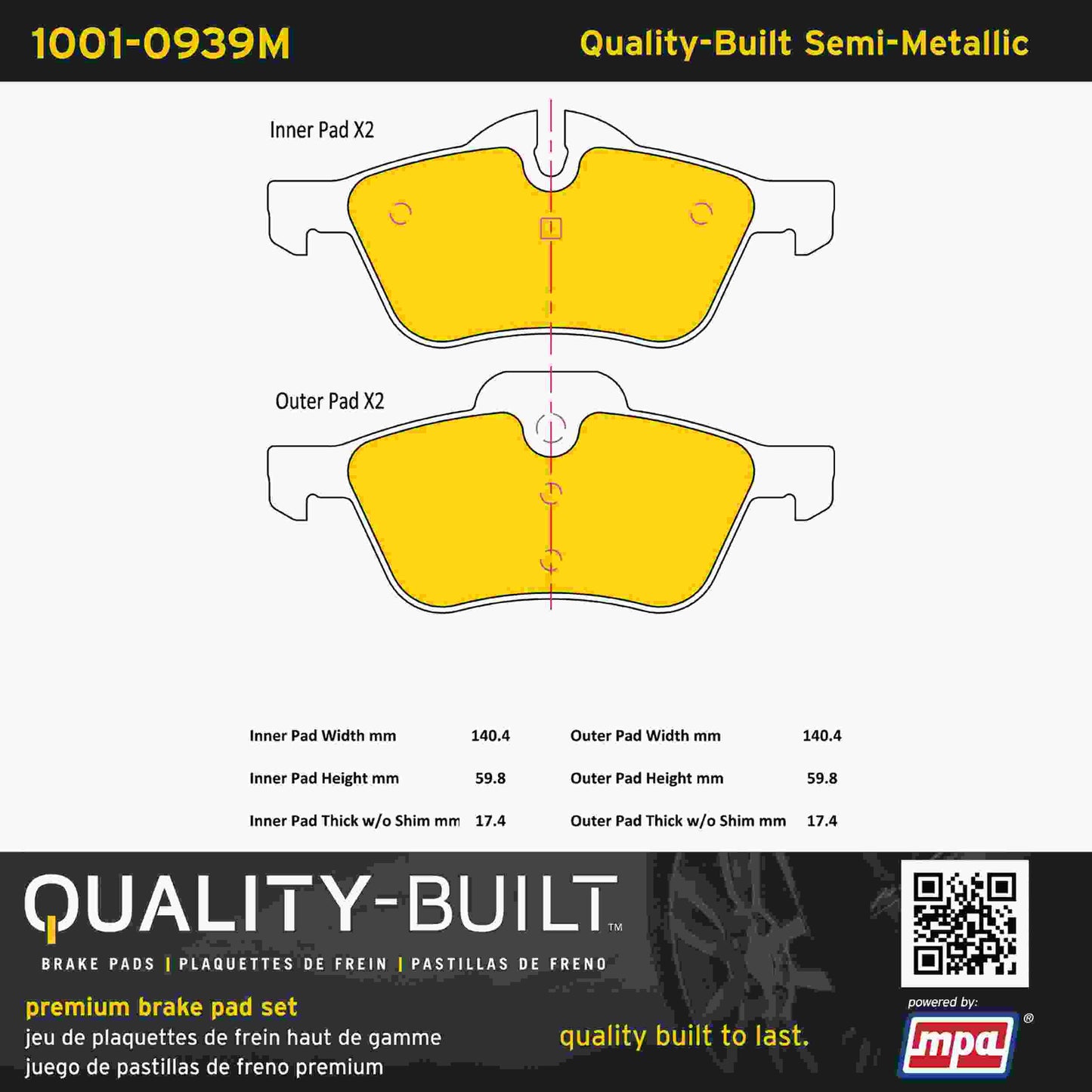 Quality-Built Quality-Built Premium Semi-Metallic Brake Pads w/ Hardware 1001-0939M