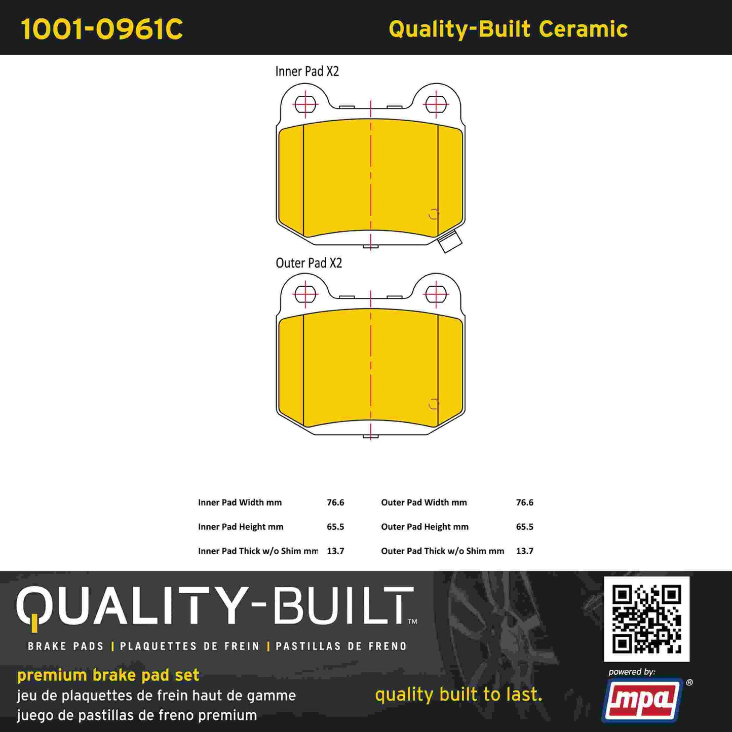 Quality-Built Quality-Built Premium Ceramic Brake Pads w/ Hardware 1001-0961C