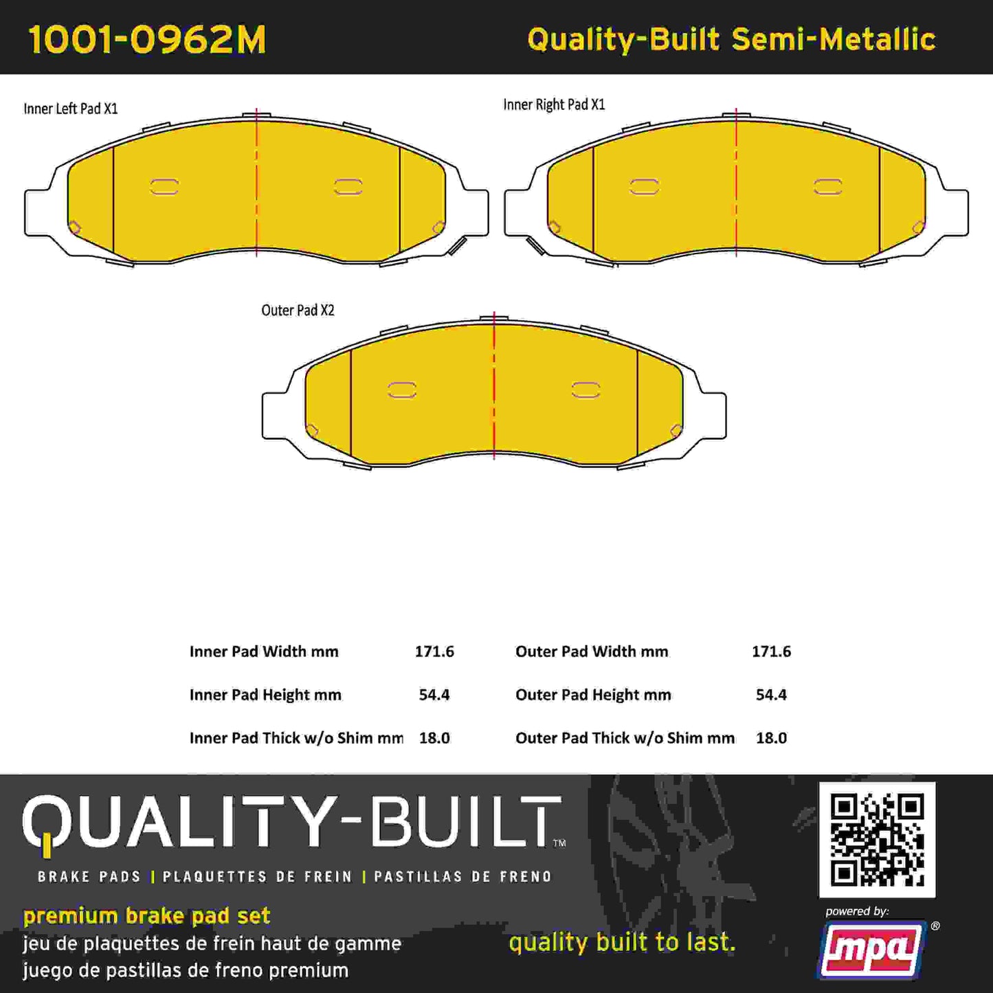 Quality-Built Quality-Built Premium Semi-Metallic Brake Pads w/ Hardware 1001-0962M
