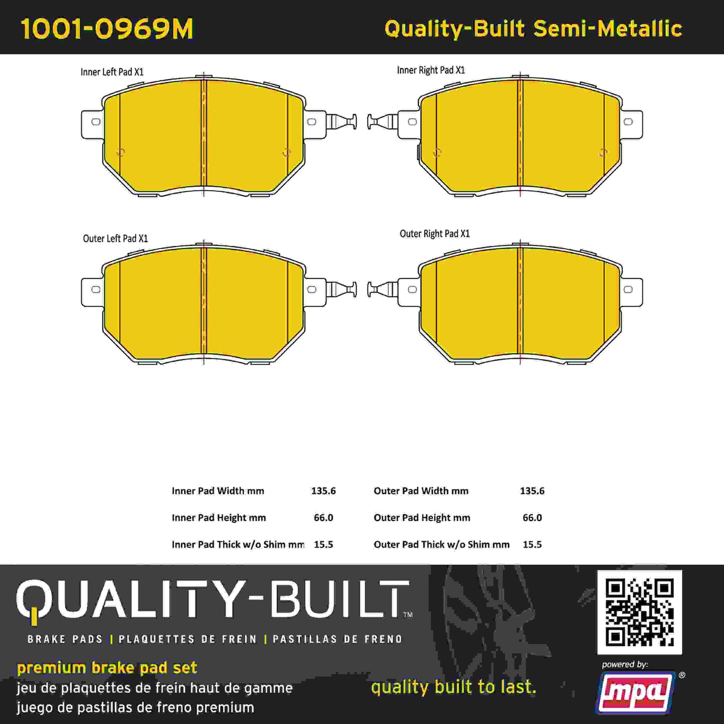 Quality-Built Quality-Built Premium Semi-Metallic Brake Pads w/ Hardware 1001-0969M