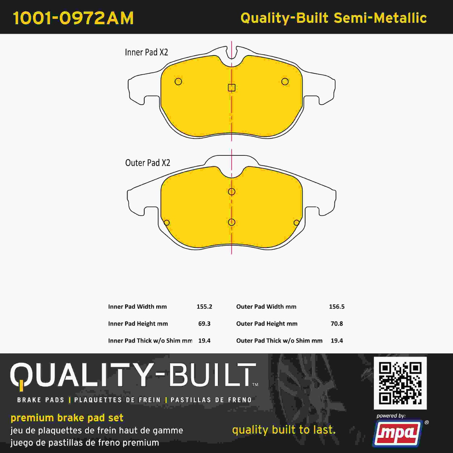 Quality-Built Quality-Built Premium Semi-Metallic Brake Pads w/ Hardware 1001-0972AM