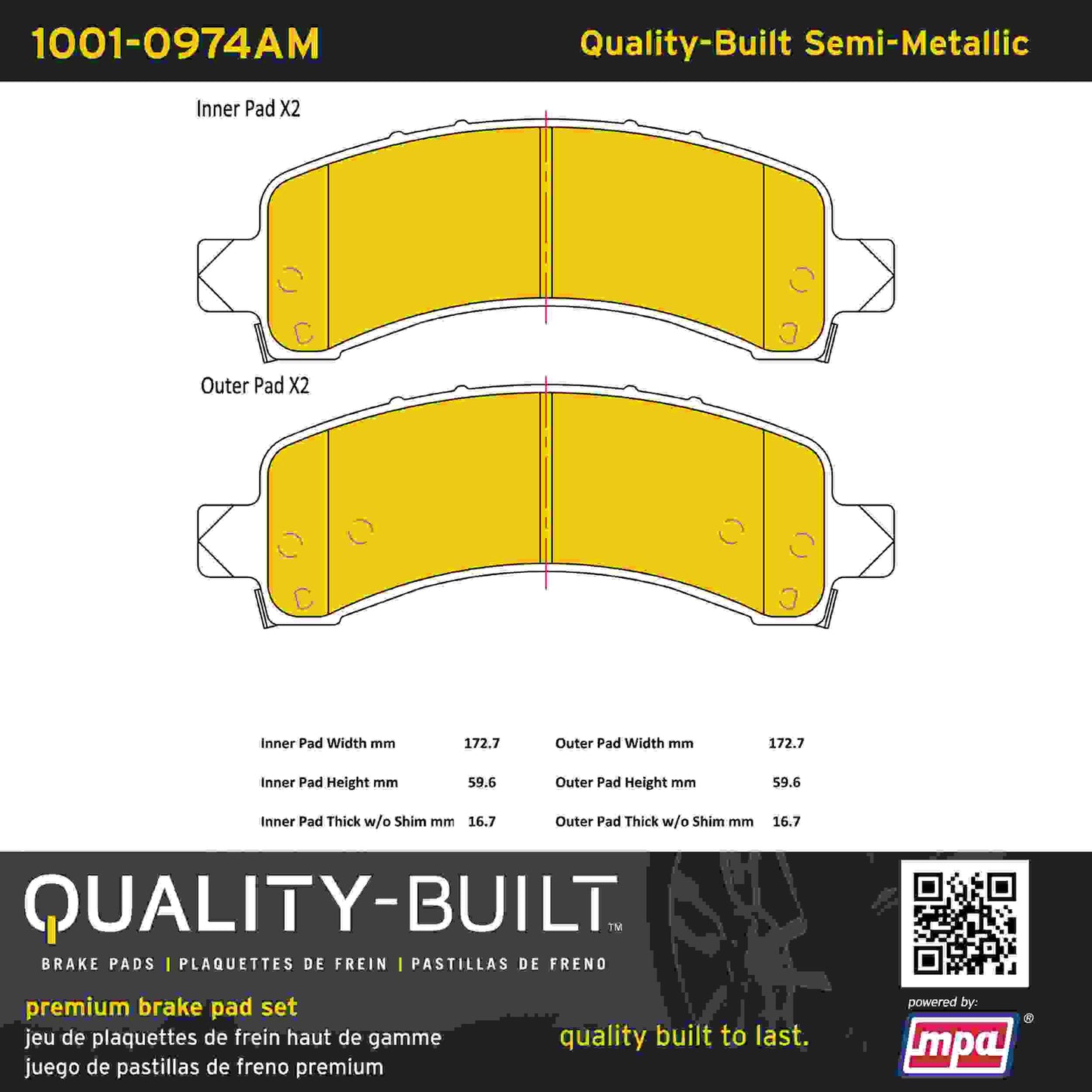 Quality-Built Quality-Built Premium Semi-Metallic Brake Pads w/ Hardware 1001-0974AM