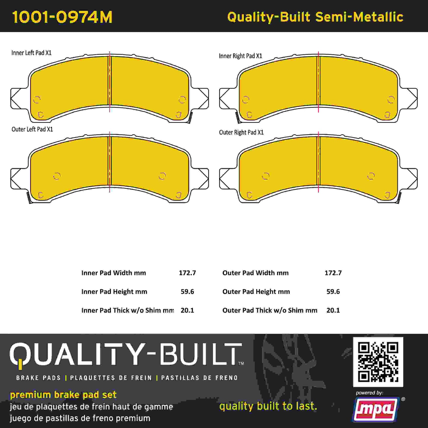 Quality-Built Quality-Built Premium Semi-Metallic Brake Pads w/ Hardware 1001-0974M